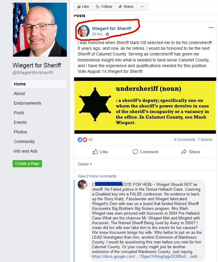 Jynxthinx's tweet photo. @GovEvers @Tony4WI @LGMandelaBarnes #DirtySheriff #ViewpointDiscrimination #WiegertViolatedMyRights Wiegert for sheriff on Facebook, I gave my viewpoint to the community, vote for Hebl & why. 3 hours later Wiegert Deleted my viewpoint, blocked me from seeing & commenting, as he did to others. #PerverseWIOfficials https://t.co/wdNk0C2IuB