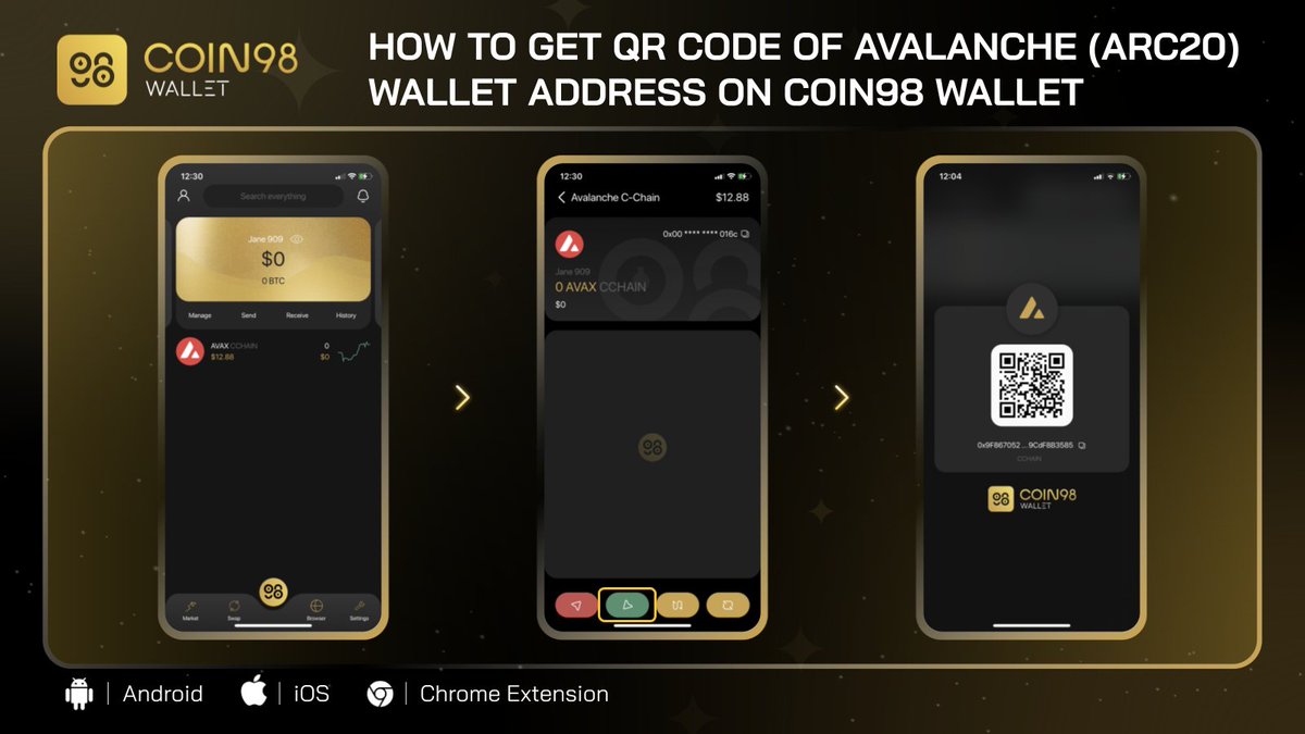 Don't know how to get QR Code of @avalancheavax  C-Chain Wallet generated by Coin98 Wallet? 

1️⃣ Create Avalanche C-Chain Wallet (if you already have Avalanche C-Chain Wallet Wallet generated by or imported into Coin98 Wallet, you can skip this step)
2️⃣ Follow these steps below