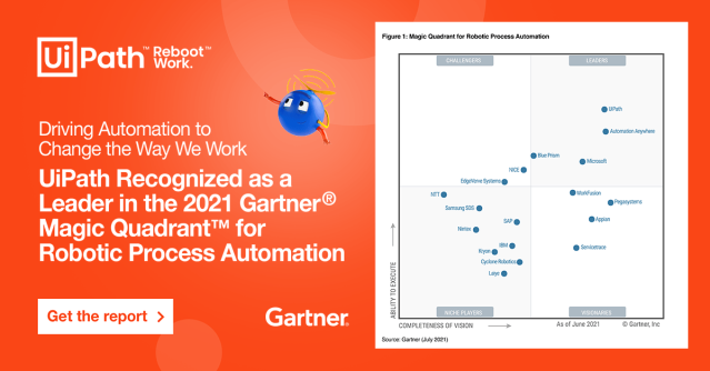 ybroustas's tweet photo. 2021 @Gartner_inc Magic Quadrant™ for Robotic Process #Automation is out. See what makes @UiPath once again the #RPA vendor positioned highest for its ability to execute. https://t.co/XdALhsjBJt https://t.co/BXkKsA1T9c