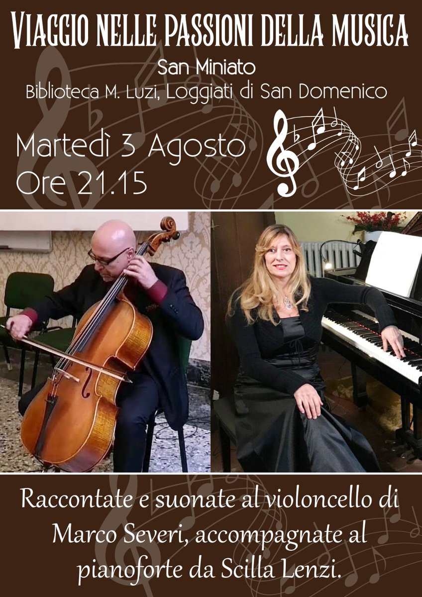 ComuneSMiniato's tweet photo. 🌞 ESTATE IN BIBLIOTECA 🌞
Nuovo appuntamento con la rassegna "ESTATE IN BIBLIOTECA 2021" organizzata dalla @bibliosmi e dedicata al viaggio nelle passioni della musica
👉Martedì 3 agosto alle 21.15 nel cortile dei Loggiati di San Domenico
Obbligatoria la prenotazione 0571/406710 https://t.co/hK0DGAdixa
