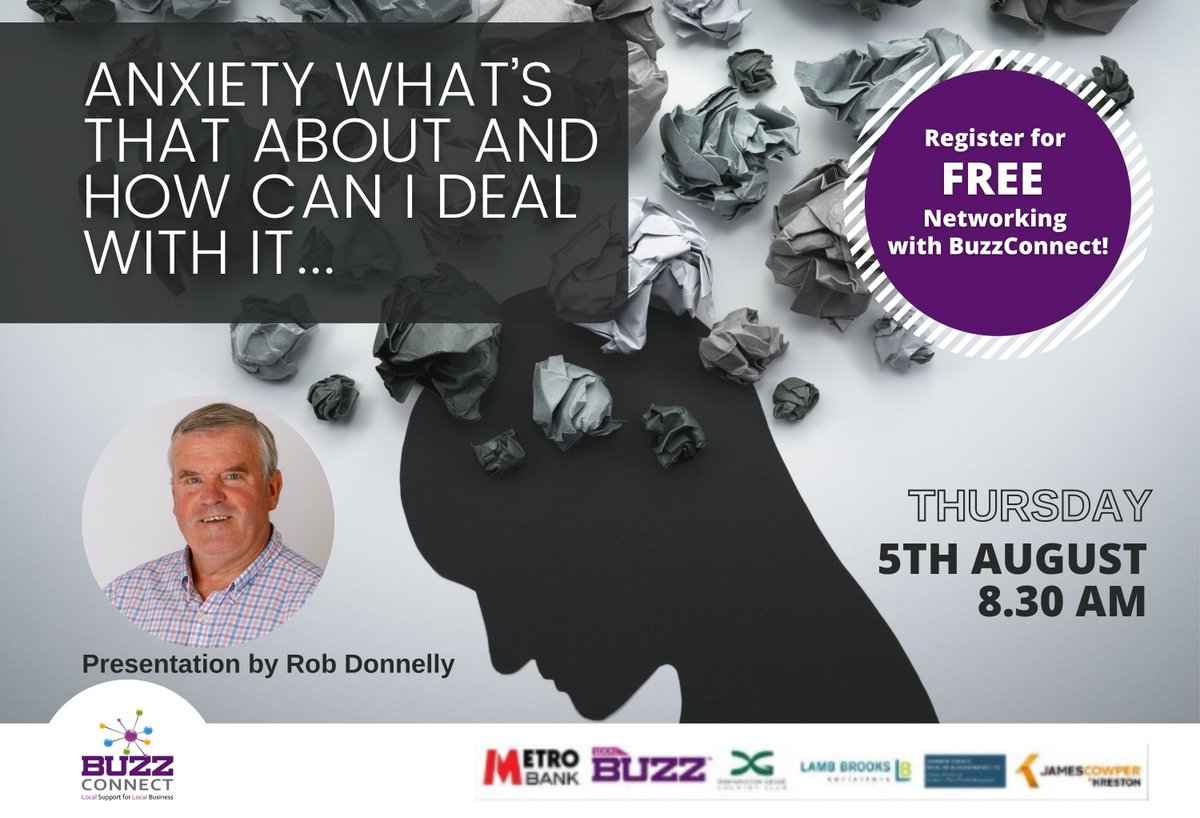UKBuzzConnect's tweet image. ✅ This week at BuzzConnect ... Anxiety what’s that about and how can I deal with it.

Join @buzzconnect this Thursday 5th August at 8.30am for FREE Business Networking. Presentation by Rob Donnelly.

👉 Register here - lnkd.in/daUtqy6