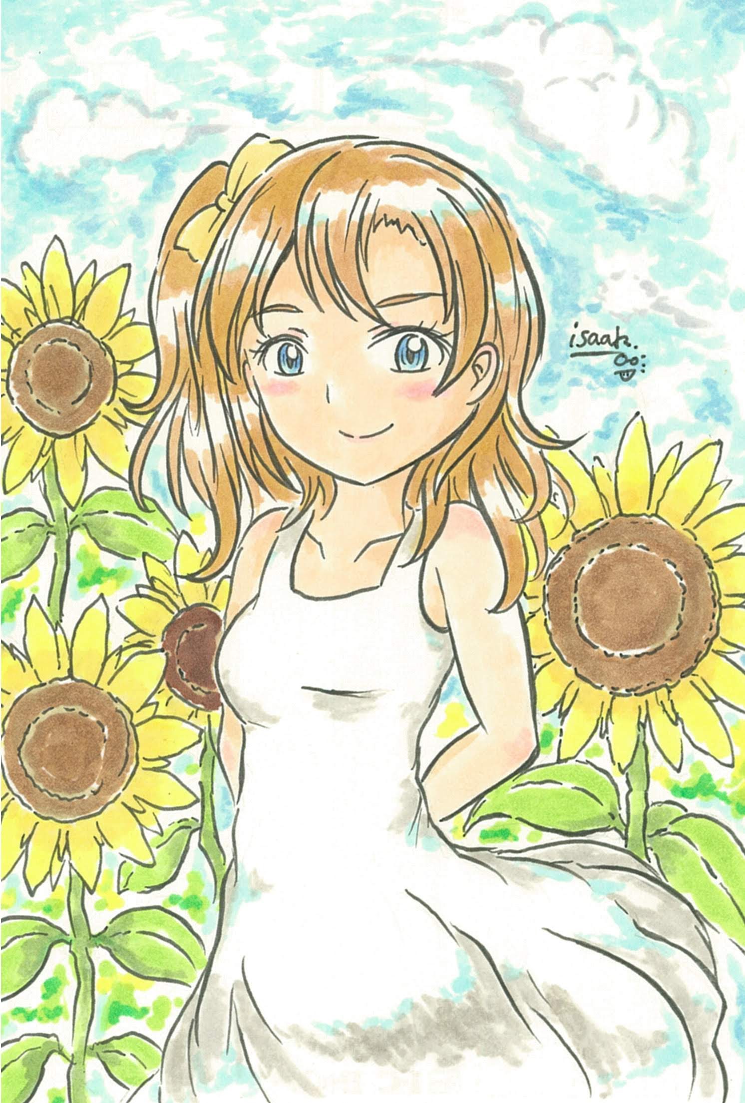 イサアク 夏空と 向日葵畑を 背景に 白いドレスの 少女が笑う 3年前に描いた穂乃果ちゃんバースデーイラストの構図をリメイクしました コピックイラスト 高坂穂乃果生誕祭21 高坂穂乃果誕生祭21 ラブライブファンアート T Co