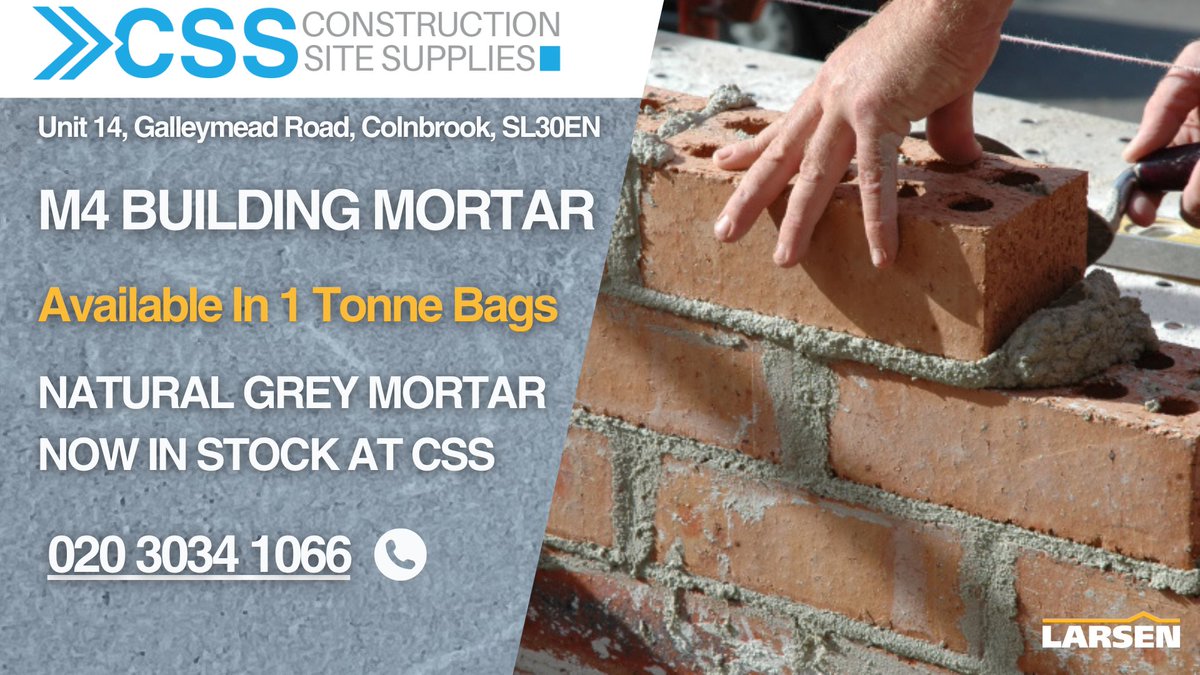 csstradinggroup's tweet image. M4 building mortar now in stock!
A blend of specially graded, kiln dried sands, Portland cement &amp;amp; air entraining agents. It is suitable for 
building, bedding &amp;amp; pointing brick, block
&amp;amp; stone.
Please call 020 3034 1066 for prices #Building #Brickwork. #Pointing #M4Mortar #Mortar