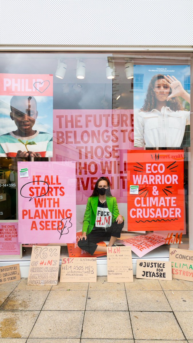 tolmeia's tweet photo. 🖕🔥 It all starts with saying f*ck H&amp;M. If they're going to greenwash their window displays and use child activists to get people's attention, then I'm going to sit in the window and point out all the ways in which they're harming people and the planet: https://t.co/9SjLYgV56x https://t.co/nGKDzshBrL
