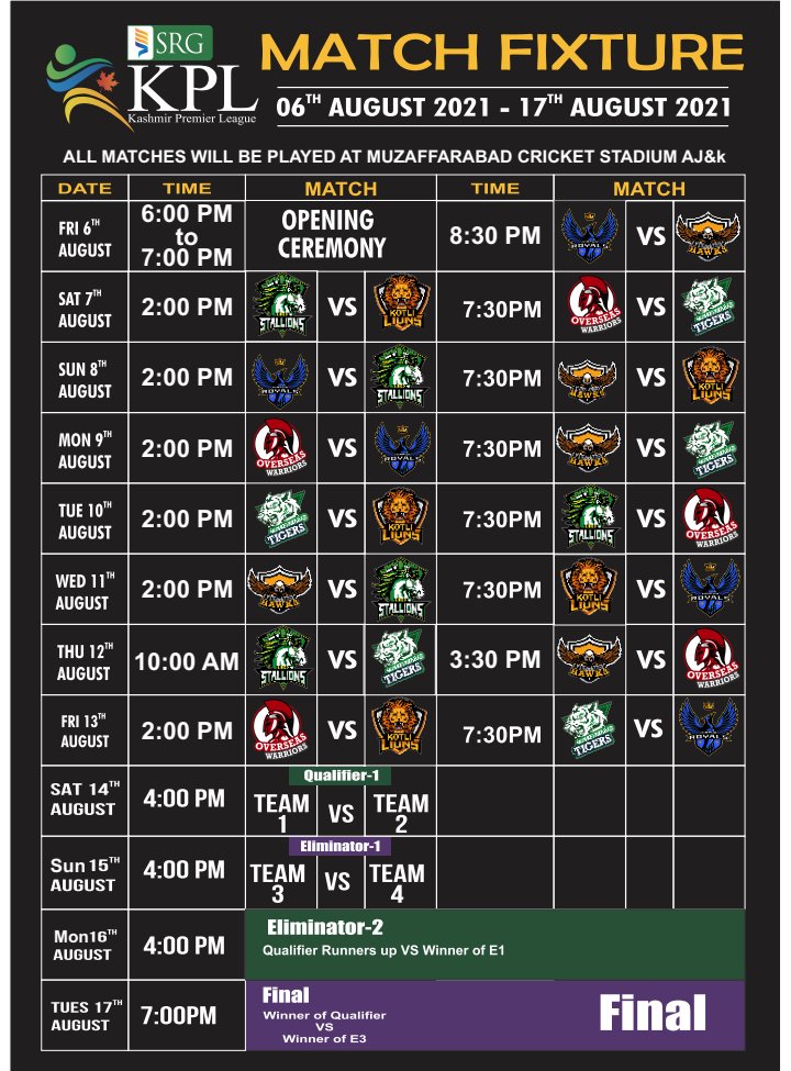 Kashmir Premier League Schedule IG News IG News