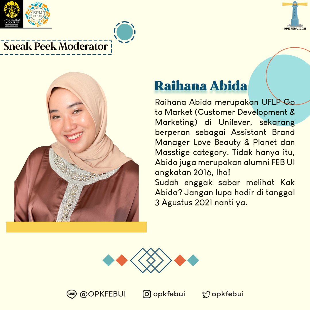 Halo FEB UI 2021!

Para pembicara di Seminar Utama juga akan ditemani oleh moderator, yaitu Ibu Ade (<a href="/ansafrina/">Ade Nurul Safrina Nasution</a>) dan Kak Abida. Yuk simak profil singkat mereka!

Line OA: <a href="/OPKFEBUI/">OPK FEB UI 2022</a>
Instagram: <a href="/OPKFEBUI/">OPK FEB UI 2022</a>
Twitter: <a href="/OPKFEBUI/">OPK FEB UI 2022</a> 

OPK FEB UI 2021
#OptimalkanPotensiCiptakanKontribusi