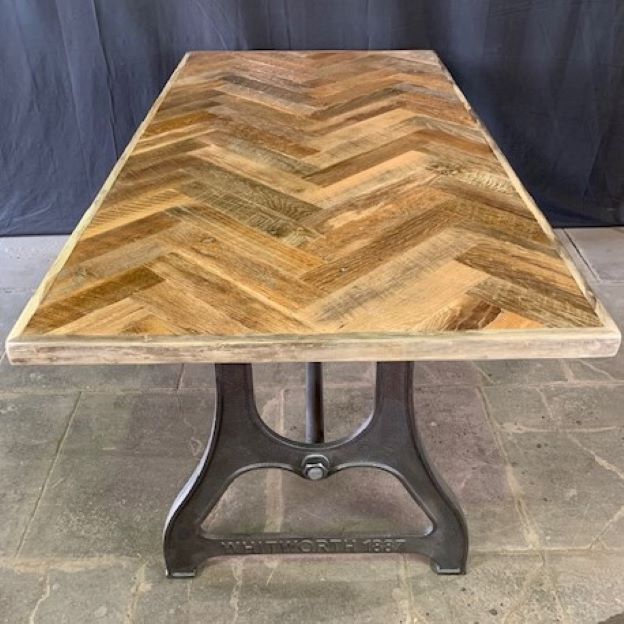 eareclamation's tweet photo. This stunning table has been handcrafted in our workshop from our stocks of Reclaimed Barn Oak Parquet, on one of our Whitworth Cast Iron Bases. These bases can be painted any colour or left natural with a wax finish as shown in these images. https://t.co/QQlOPv5ZnA
