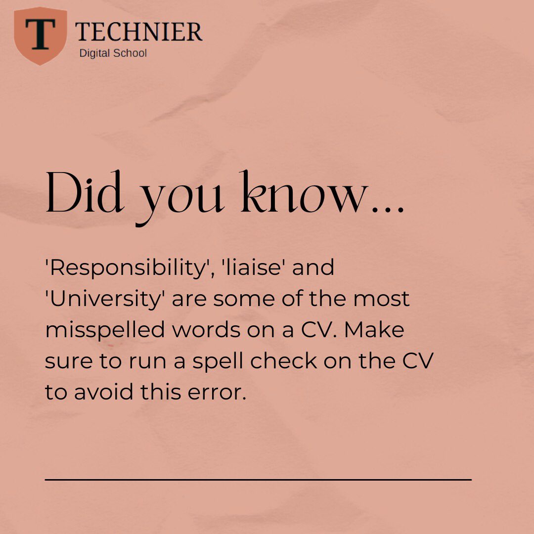 TechnierSchool's tweet photo. Your resume is your best chance to present yourself in writing as an ideal candidate for a job, so scrutinize it for accuracy before sending it in. Spelling and grammar are important indicators of a candidate's attention to detail.
#technier #technology #education https://t.co/Rc1e9QJ2x1