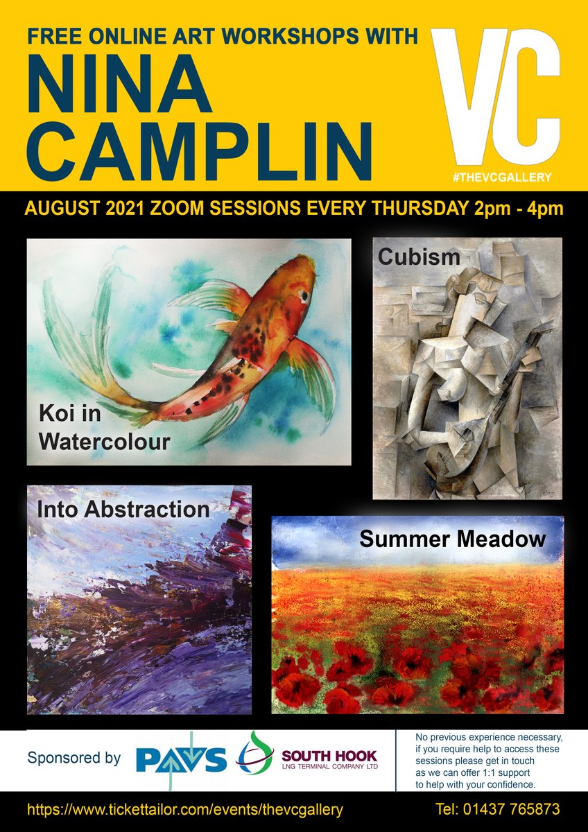 NinaCamplin's tweet image. We now have the programme of FREE Zoom art sessions available for August.
Places are limited so book yours now!
tickettailor.com/events/thevcga…

@TheVCGallery @Stephinhax @Pavs_dev @SouthHookLNG 

#vconline #ZOOM #art #painting #mentalhealth #MentalHealthMatters #MentalHealthAwareness