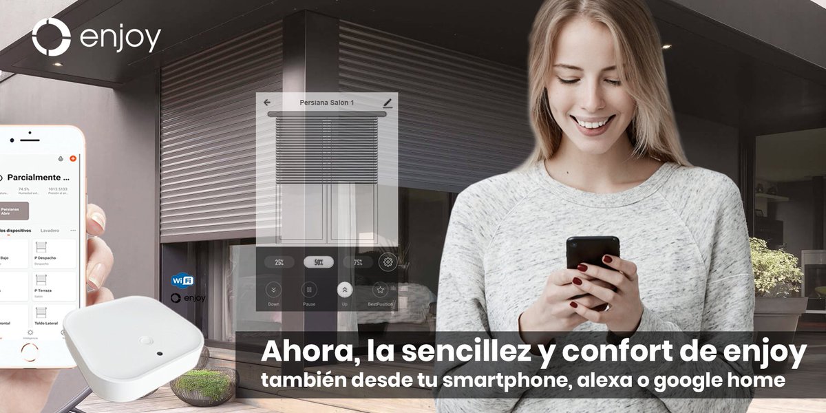 controlar las aplicaciones motorizadas con ENJOY R4 desde tu smartphone es fácil y simple. Además, el hub GWE y la app Smart Life son compatibles con Alexa y Google Home, por lo que también subir o bajar tus persianas o cortinas, abrir o cerrar tus toldos con comandos de voz