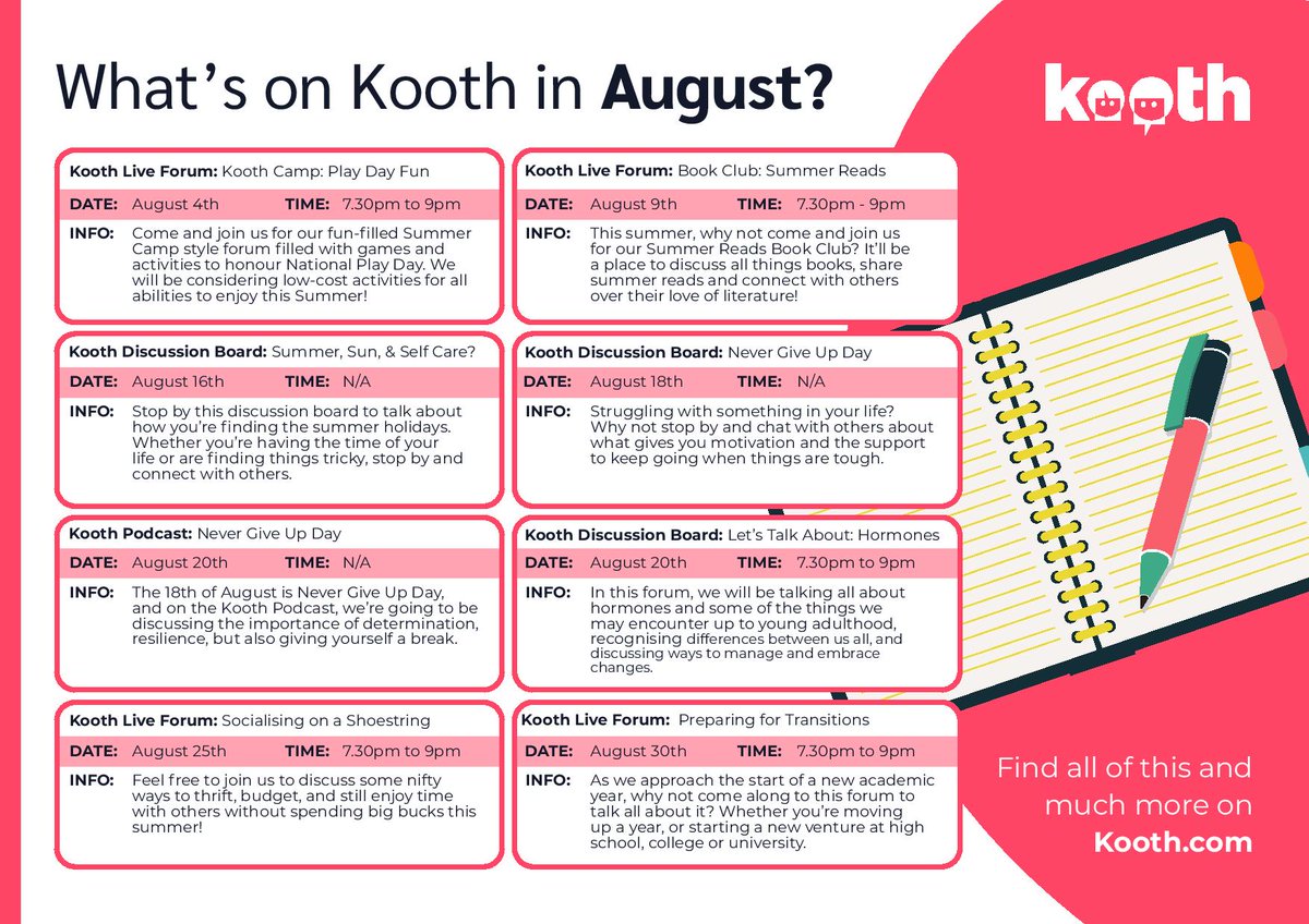 #Kooth is a #ChildrenandYoungPeoplesmentalhealthresource They have a whole series of activities going on in August online. If you know a young person that needs urgent mental health crisis support visit our #CAMHS website here: camhs.elft.nhs.uk/Crisis-Support