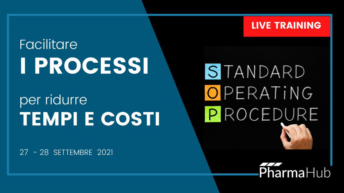 Conosci quanto previsto dalla normativa specifica per il pharma 
nella stesura delle procedure per evitare sanzioni?

Partecipa al Live Training SOP PER IL PHARMA
📆 27 e 28 Settembre 2021

👉 Guarda il programma completo: pharmahub-italy.it/evento/11135/l…