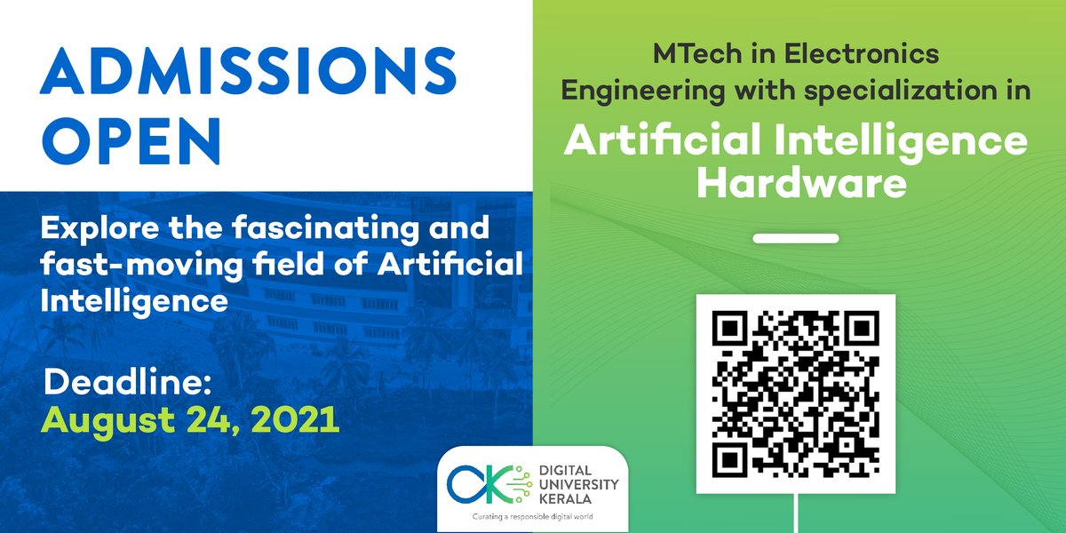 dukerala's tweet image. Applications are invited for MTech in Electronics Engineering with specialization in Artificial Intelligence Hardware. Deadline: August 24. 
Details: duk.ac.in/admissions2021
#AI #AIHardware  #IntelligentDevices #IOT #sensors #robotics #EdgeAI #Edgecomputing #VLSI #EmbeddedSystems
