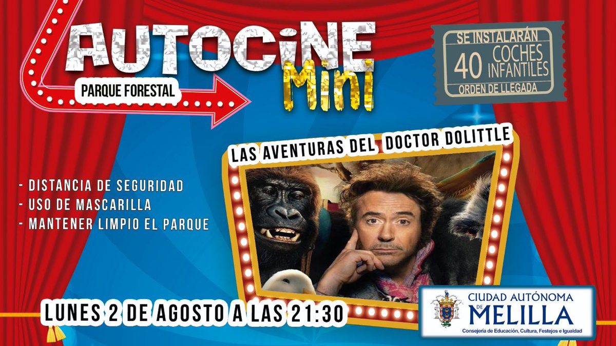 Cultura Melilla (@cultura_melilla) on Twitter photo Hoy a las 21:30h en el Parque Forestal da comienzo el Autocine Mini y lo hará con la divertida película: “Las aventuras del Doctor Dolittle”. Os esperamos con ganas de pasarlo súper bien.
#películasinfantiles #CulturaSegura #Cine #ParqueForestal #Cultura #Melilla <a href="/l_circe/">Elena Fernández Treviño</a> Hoy a las 21:30h en el Parque Forestal da comienzo el Autocine Mini y lo hará con la divertida película: “Las aventuras del Doctor Dolittle”. Os esperamos con ganas de pasarlo súper bien.
#películasinfantiles #CulturaSegura #Cine #ParqueForestal #Cultura #Melilla <a href="/l_circe/">Elena Fernández Treviño</a>