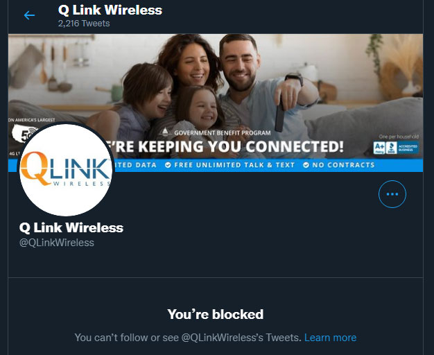 ceedemore's tweet photo. This is what @QLinkWireless does when a customer argues with them over #twitter, they just block you and decide you are not worth their time, all while trying hard to blame you for them doing such things.  #qlinkwireless #theworst #customerservice https://t.co/IrcFYxmV67