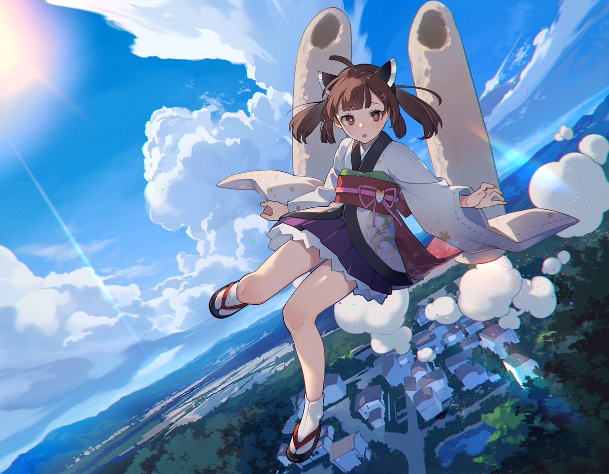 touhoku kiritan 1girl solo japanese clothes skirt brown hair kimono cloud  illustration images