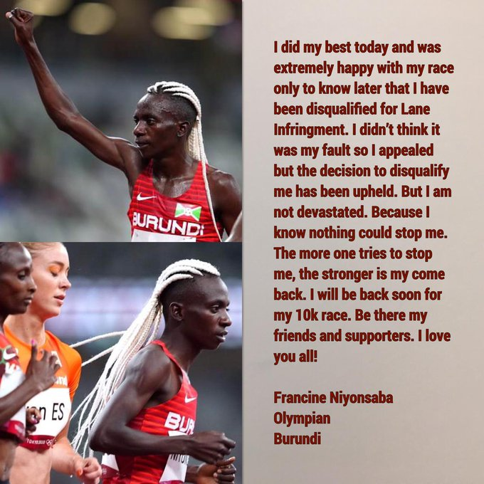 Ikiriho's tweet photo. 🟥🎽👟🏃🏿‍♀️#Tokyo2020 @FrancineNiyons4  disqualifiée vendredi 30 juillet au 5000 m pour avoir mordu mais surtout pour un manquement grave du chef de la délégation #Burundi🇧🇮-aise: injoignable pour introduire le recours dans les délais, d'où forclusion
👉🏿https://t.co/kDNBzthSUx https://t.co/cw7NvHDIdH