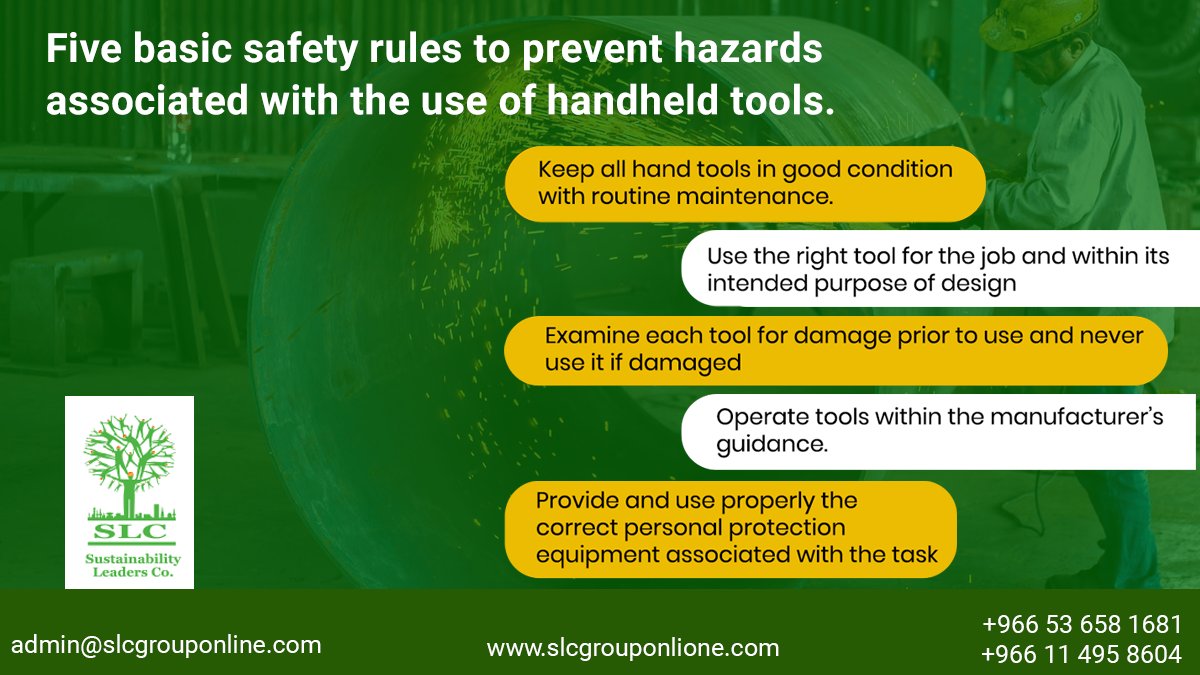 slcgrouponline's tweet image. Five basic safety rules to prevent hazards associated with the use of handheld tools...

Visit🌐slcgrouponline.com
Contact us☎️+966-114958604 or +966-536581681

#handheldtool #safetyofficer #healthandsafety #riyadh #saudiarabia #NEBOSHIGC #neboshtraining