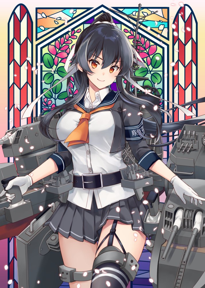 yahagi (kancolle) 1girl solo black hair skirt white gloves pleated skirt gloves  illustration images