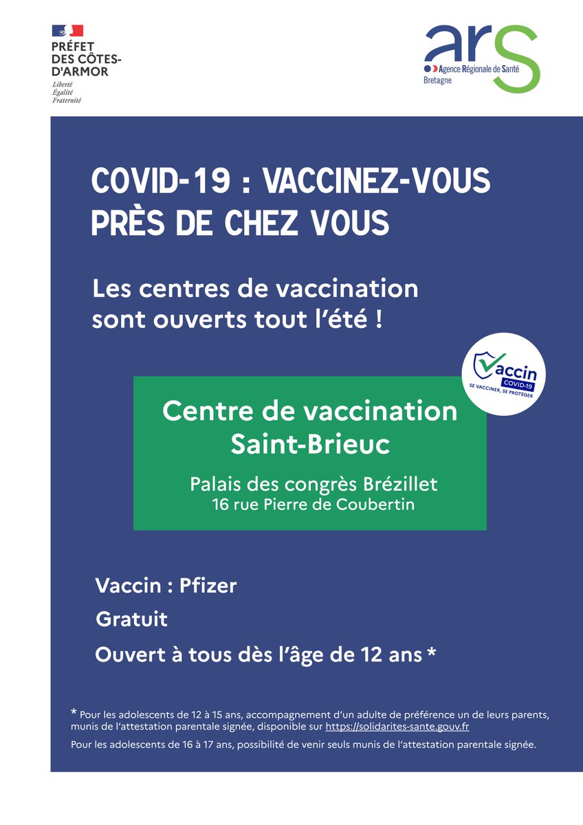 #COVID19 | De nombreux créneaux de #vaccination sont disponibles cette semaine et la semaine suivante dans le centre de grande capacité de Brézillet à #saintbrieuc 
👉Réservation obligatoire, par 📞(02.57.18.00.60) ou sur Keldoc