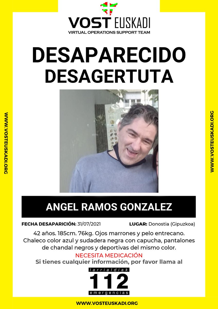 gipuzkoagaur's tweet photo. ANGEL HA DESAPARECIDO EN DONOSTIA. TIENE 42 AÑOS Y NECESITA MEDICACIÓN. 
¡¡SE PIDE MÁXIMA DIFUSIÓN!! https://t.co/XmDXG3FBkW