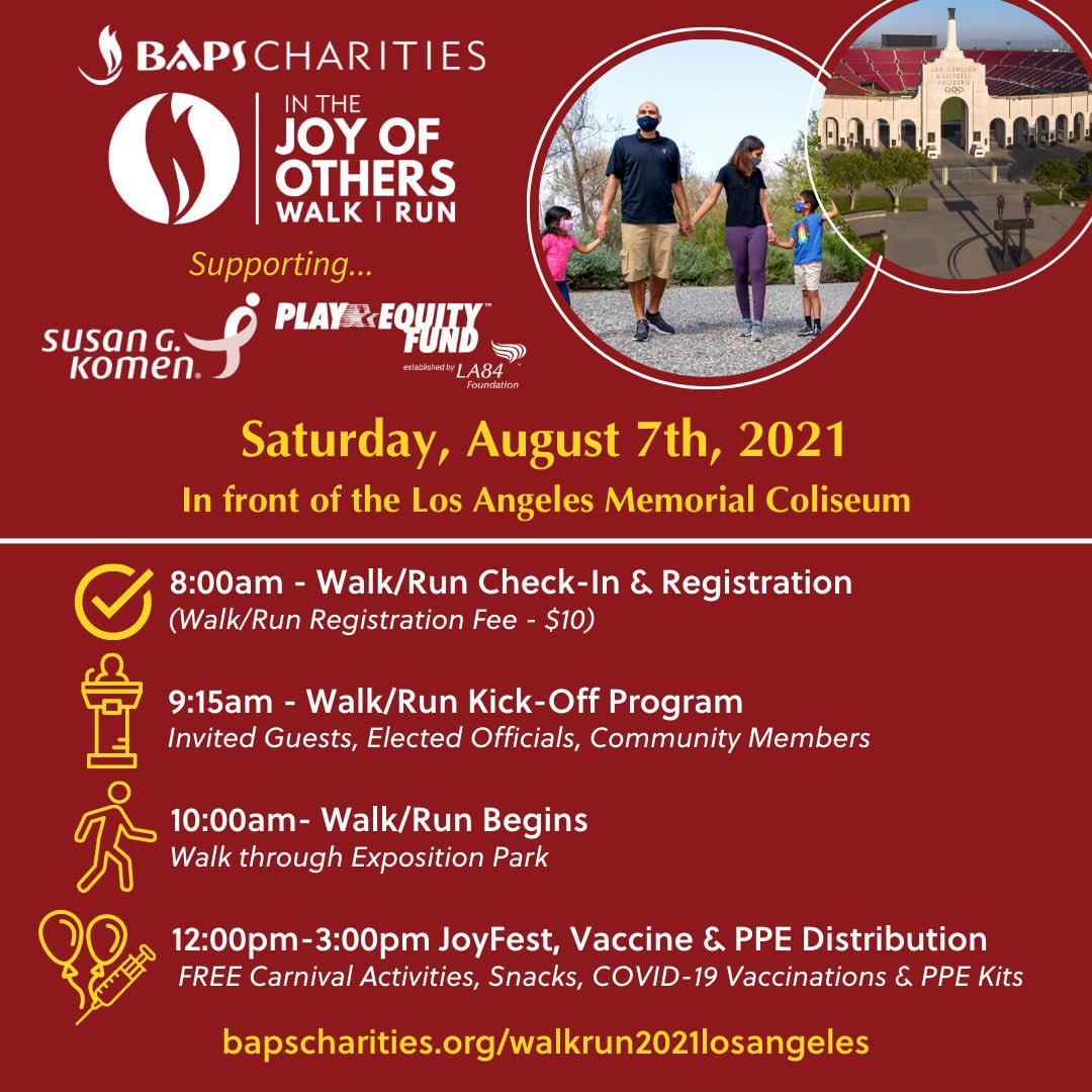 5 Days Left! Join me in spreading joy in #SouthLA on 8/7 at @lacoliseum for the @BAPSCharities #JoyOfOthersWalk supporting @SusanGKomen & @PlayEquityFund! After the walk, join us for JoyFest w/vaccine & PPE distribution, carnival snacks & games and more! bapscharities.org/usa/losangeles…