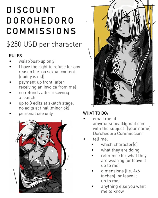 Enough of you expressed interest so I'm opening discount Dorohedoro commissions! 