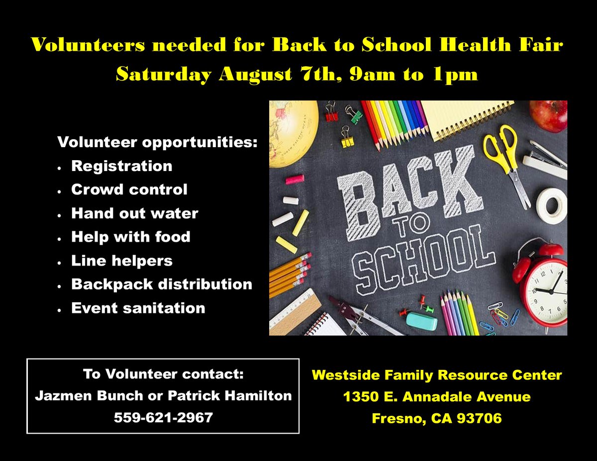 HandsOnCC's tweet photo. Volunteers needed for Back to School Health Fair on August 7th at the Westside Family Resource Center 1350 E. Annadale Avenue - Fresno, CA 93706. To volunteer ontact Jazmen Bunch or Patrick Hamilton at 559-621-2967. This event will benefit over 2,000 low income families. https://t.co/vj7vRlL5xE