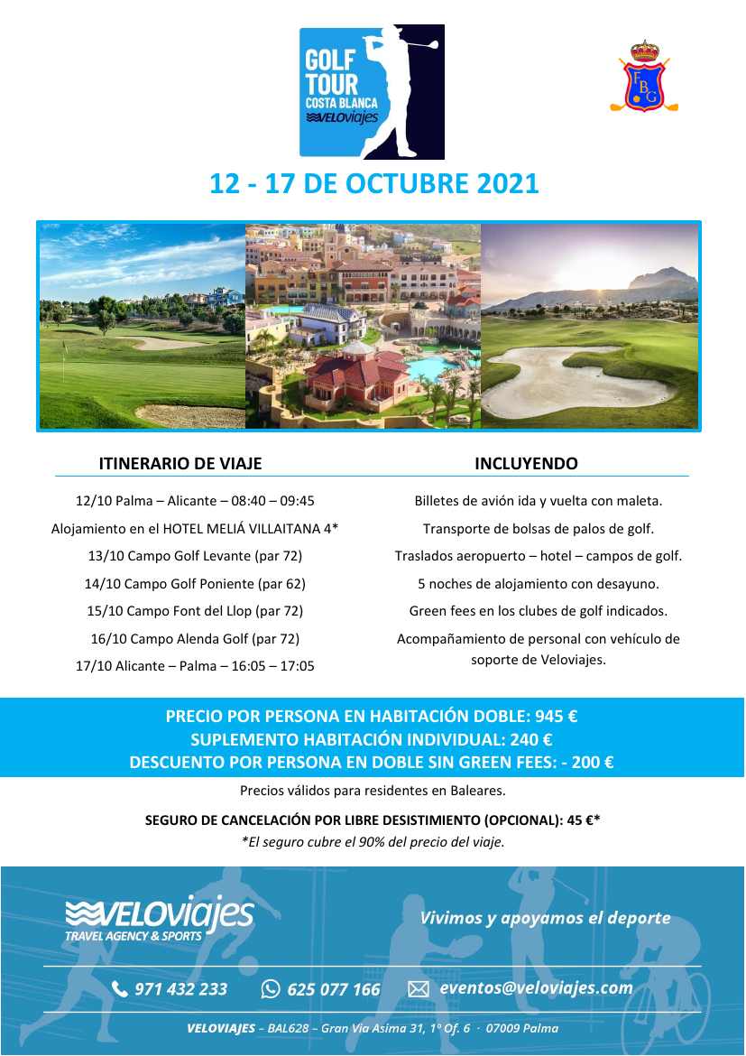 GOLFISTA

✍️Apúntate al GOLF TOUR COSTA BLANCA del 12 al 17 de octubre.  Colabora <a href="/FBalearGolf/">FederaciónBalearGolf</a>. 

Vuelos Palma a Alicante, Hotel 4*, 4 campos de golf, personal de Veloviajes y todos los traslados.

¿Te apuntas? 

Toda la información en veloviajes.es/gtcostablanca