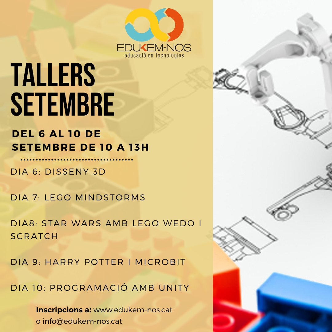 Ei! Del 6 al 10 de setembre farem tallers de #robòtica i #programació per a nois i noies de 7 a 16 anys! I aquella setmana també comencem les extraescolars!! Ja us podeu inscriure des de la web edukem-nos.cat Us hi esperem! #tallers
