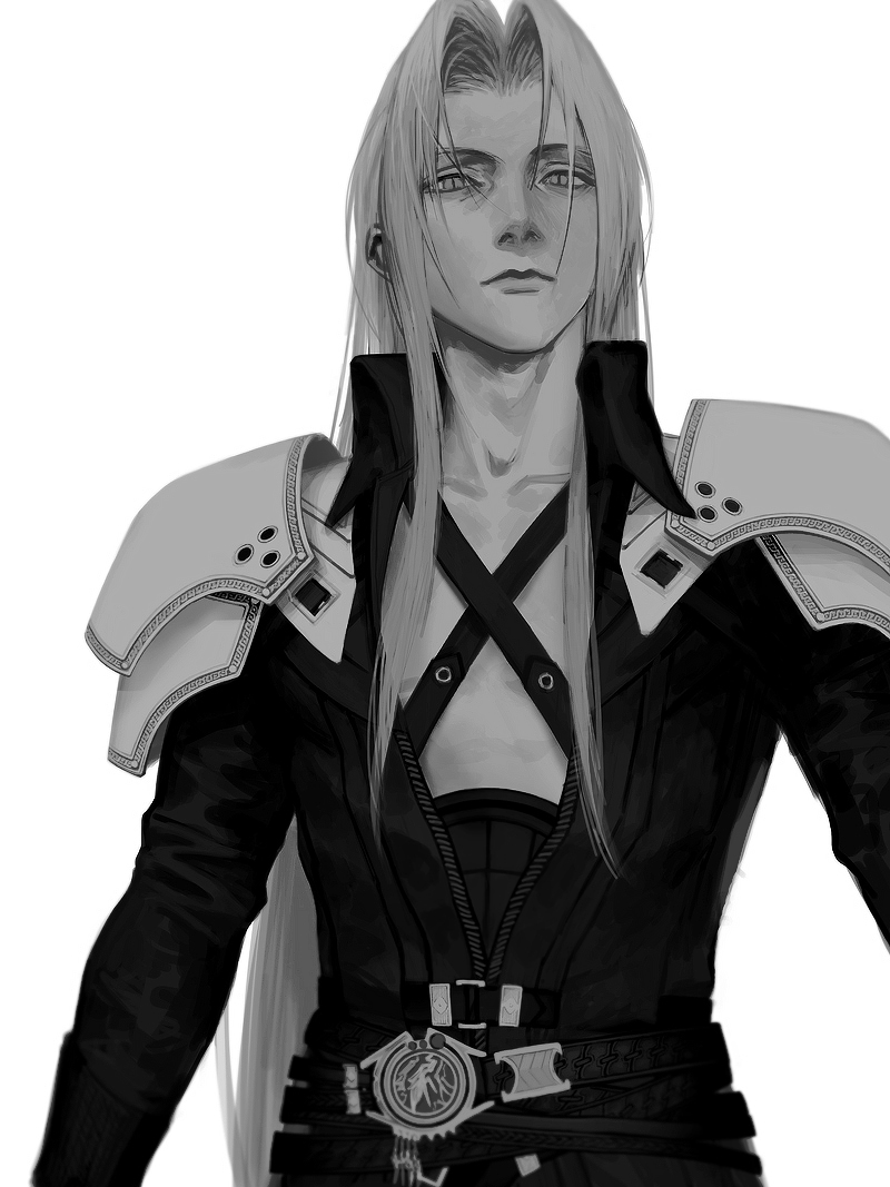 sephiroth 1boy greyscale male focus long hair monochrome solo shoulder armor  illustration images