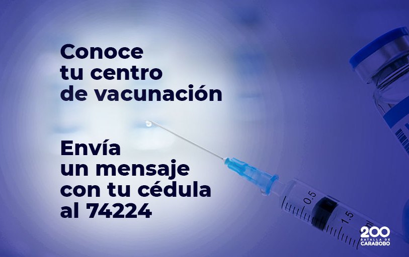 #GuarenasCeroCovid19 Si usted tiene más de 40 años y aun no ha sido inmunizado contra el #Covid19 envíe un SMS al 74224 con su número de cédula para ser inmunizado en el centro más adyacente a su residencia. #CuidémonosDelCovid19 @NicolasMaduro @HectoRodriguez @luiscarPSUV