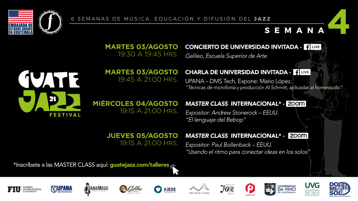 #GuateJazz es organizado por <a href="/Fundadelaorg/">Fundadela</a>  y <a href="/usembassyguate/">US Embassy Guatemala</a>. Arrancamos con todo la cuarta semana, no te pierdas de nuestras actividades.  

Inscríbete a las masterclass y conversatorios en: bit.ly/GuateJazzActiv…