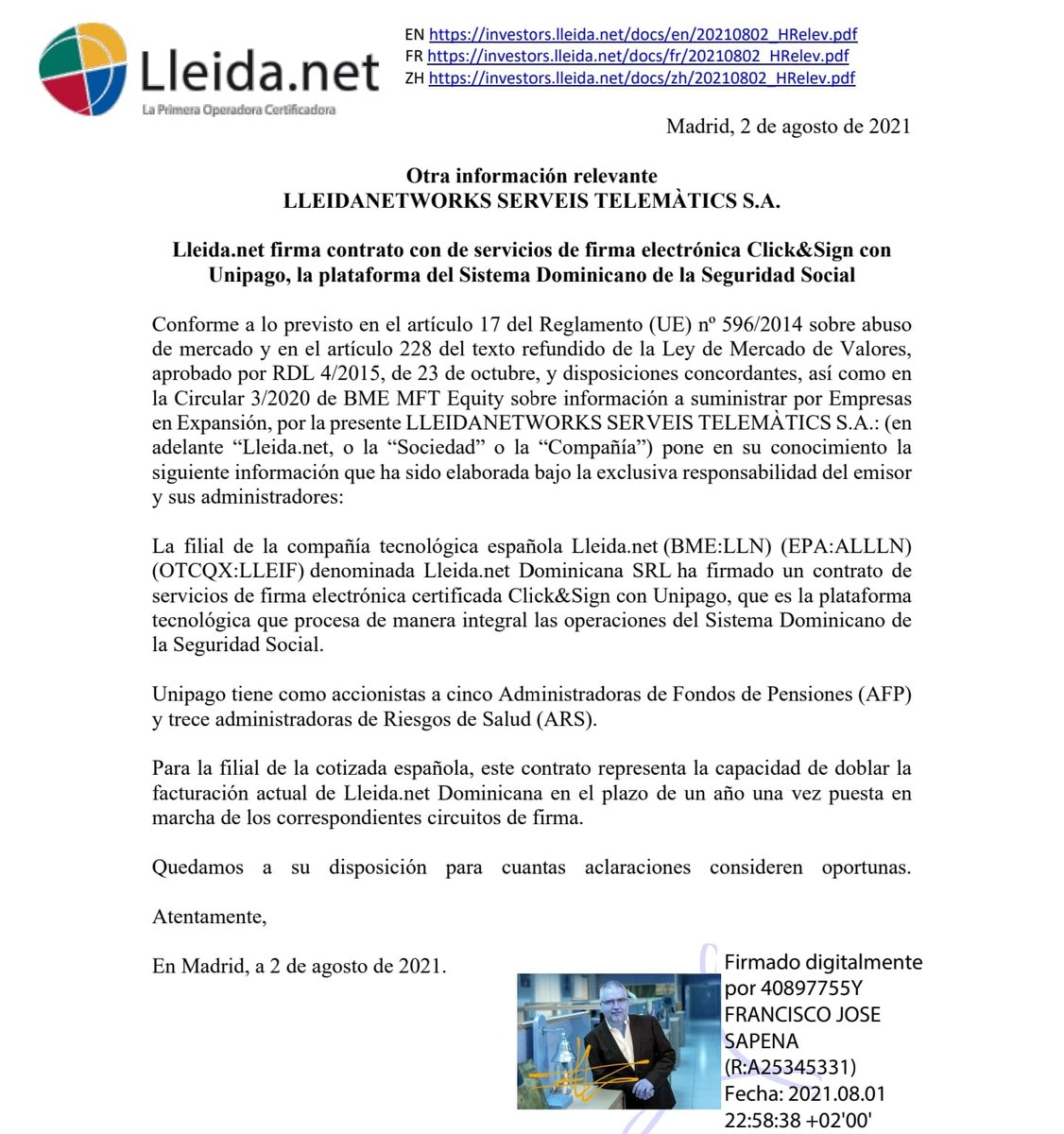 InvestorNinety's tweet photo. @lleidanet🔏 sigue creciendo.Hoy ha comunicado un nuevo contrato, ahora con #unipago,plataforma que prestará servicio #ClickandSign de #Lleidanet al Sistema Dominicano de la #SeguridadSocial ¡Bravo @siscosisco! #BMEGrowth🌳 #FirmaDigital #TransformacionDigital #Microcaps #valores https://t.co/aQbgMikRNS