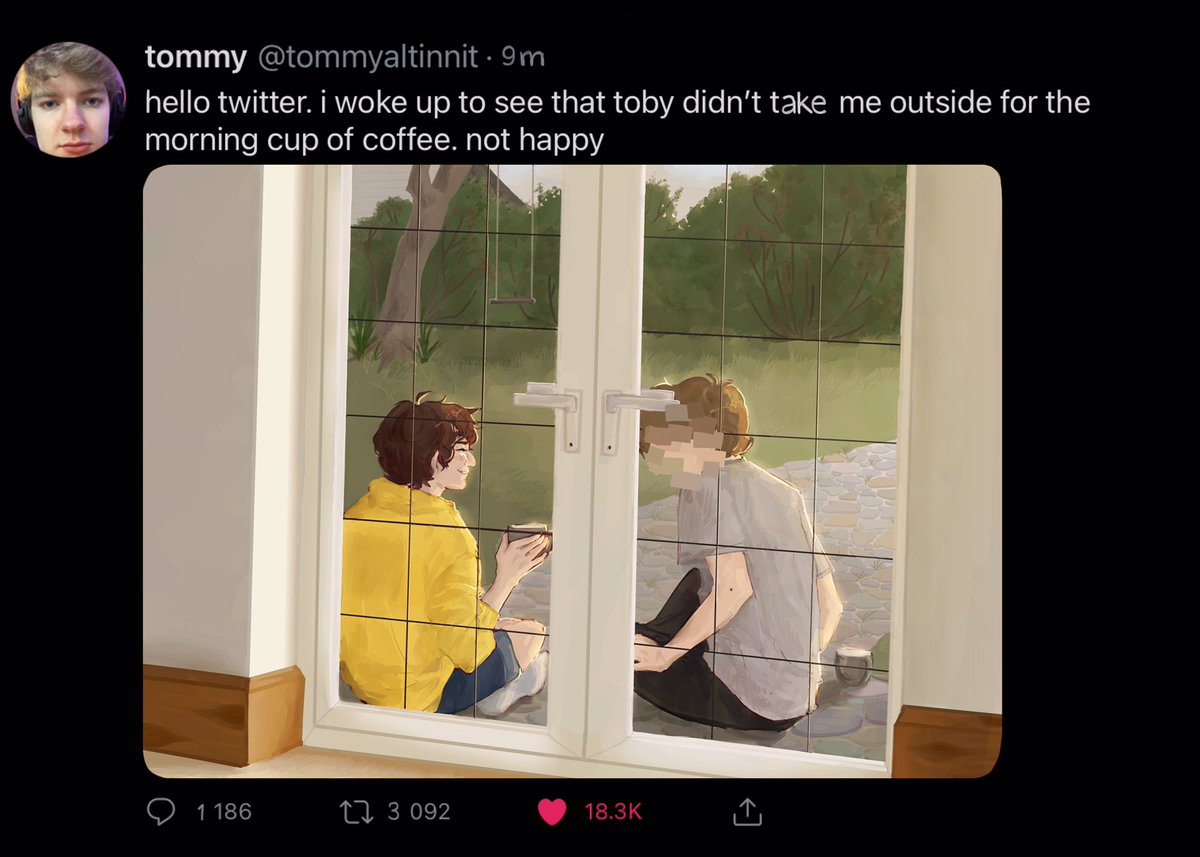 R3nqi_'s tweet photo. Tommy: hello twitter. i woke up to see that toby didn’t take me outside for the morning cup of coffee. not happy
#tubbofanart #ranboofanart #beeduo #beeduofanart #benchtrio https://t.co/bZyFcCvouK