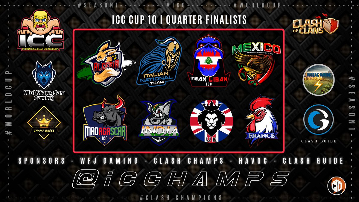Our awesome ICC Cup 10 Quarter-Finalists!
🇩🇿Algeria, 🇮🇹Italy, 🇱🇧Lebanon, 🇲🇽Mexico, 🇲🇬Madagascar, 🇮🇳India, 🇬🇧United Kingdom, and 🇫🇷France

Quarter-Finals this week! Don't miss the action!
<a href="/ClashofClans/">Clash of Clans</a> 

Sponsors: <a href="/WolffangJay/">WolffangJay</a> <a href="/ClashChamps/">Clash Champs</a> <a href="/havoc_family/">Havoc ⚡Family</a>  <a href="/ClashGuide2/">ClashGuide</a>