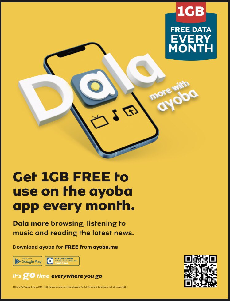#AD 

Download the #AyobaAPP and get yourself FREE 1GB worth of data every month!! 

🔗ayoba.me/s/e1cs

That means more browsing, listening to music, reading the latest news, sharing and downloading of content!! 🤩💛

#MTNza #ItsGoTime #EverywhereYouGo #AyobaAPP