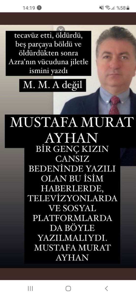 Yazıp siliyorum çok özür dilerim ama.
M.M.A. DEĞIL!
MUSTAFA MURAT AYHAN
M.M.A. DEĞIL!
KATIL!!
M.M.A. DEGIL! 
CANİ!!
M.M.A. DEĞIL!
Bir kadının,bir genç kızın, bir annenin ,Bi babanın, bir kardeşin,bir arkadaşın canını yakan adam!
M.M.A. DEGIL!
AHLAKSIZ!!
#azraguelendamhaytaoğlu