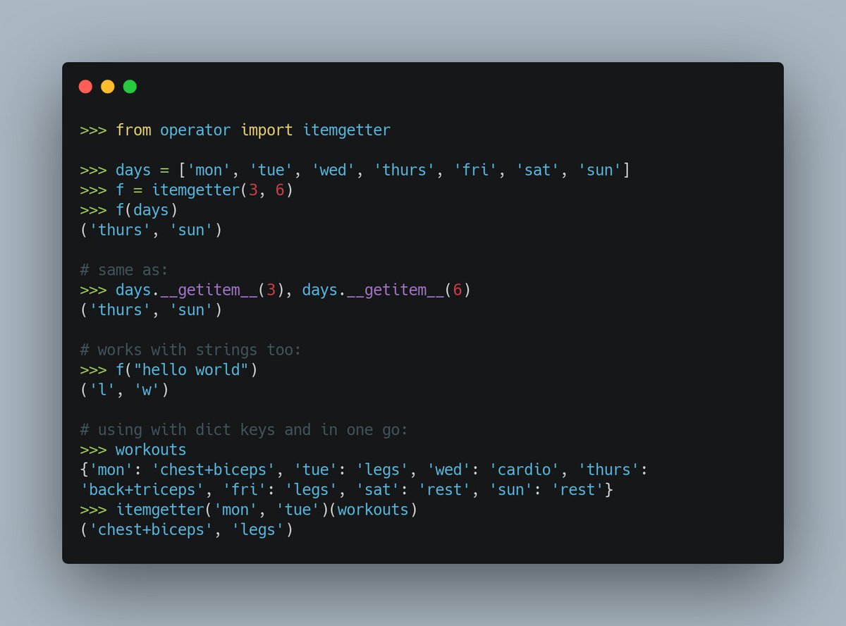 pybites's tweet image. Another #Python standard library gem: operator.itemgetter lets you grab multiple items from a list, dict, etc.