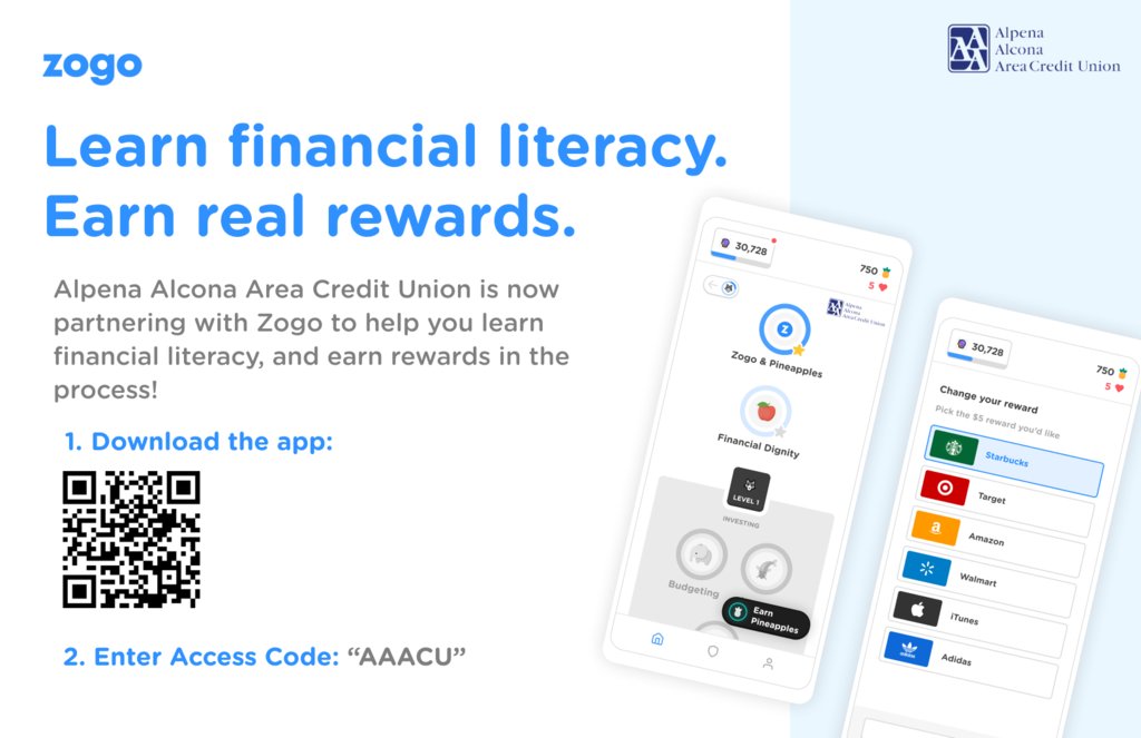 AlconaTigers's tweet photo. Did you know Alpena Alcona Area Credit Union is now partnering with Zogo for financial literacy? Learn while earning rewards. #AAACU #FinancialLiteracy #Zogo https://t.co/CtKSMt9iHK