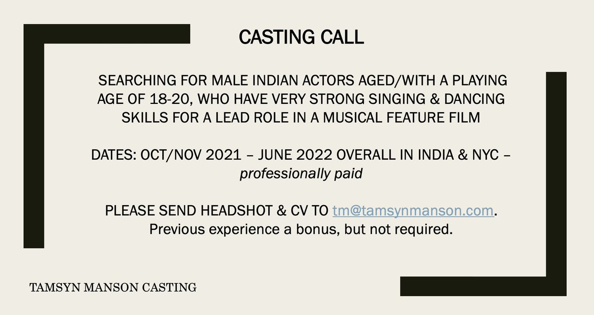 **CASTING CALL**
INDIAN MALE ACTORS | AGED/ WITH A PLAYING AGE OF 18-20
STRONG SINGING AND DANCING SKILLS REQUIRED

Please share 🙏🏽🙏🏽