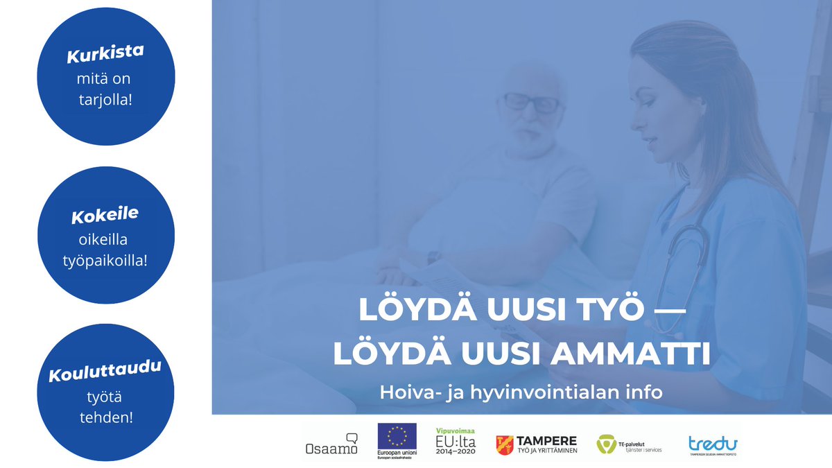 Syksyllä on jälleen mahdollisuus kurkistaa matalalla kynnyksellä sote-alalle! Osaamo-hanke järjestää työnhakijoille yhteistyössä <a href="/treduofficial/">Tampereen seudun ammattiopisto Tredu</a> hoiva- ja hyvinvointialan infopäivät.
Ilmoittautuminen 1.8.–26.9.2021.
➡️bit.ly/sote-infosyksy

#Tampere #sote #hyvinvointi #hoiva
