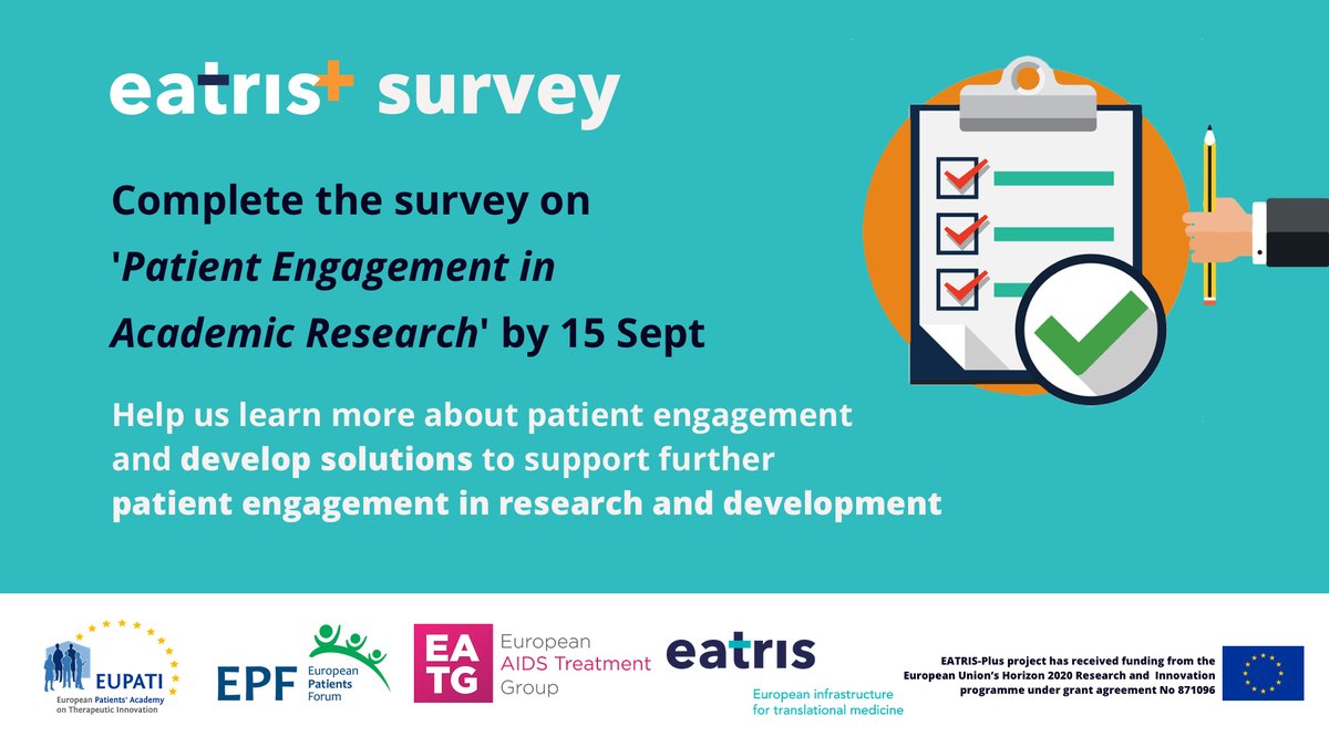 EatrisEric's tweet photo. If you haven't yet filled out the #AcademicResearchers #PatientEngagement survey - there's still time! We would really appreciate your input by 15 Sept here: https://t.co/nA96jqbeqN #EuropeForPatients #patientinvolvement #PatientsInvolved @EATGx @eupatients @eupatientsforum https://t.co/4Ij9ZT8GFM