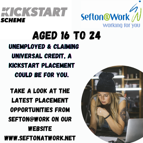 LearnWorkSefton's tweet photo. #SeftonatWork have a new Kickstart Scheme placement webpage where you can find our latest opportunities. If you're 16-24 and claiming Universal Credit you may be eligible to apply for a paid placement. Head over to https://t.co/i9s62YSgb6 to find out more
#MerseyKickstart #jobs https://t.co/YlN3tOdnQY