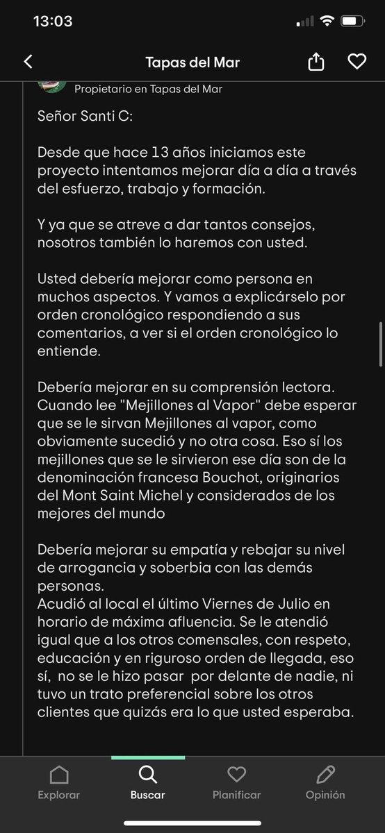 soycamarero's tweet photo. Aquí os dejo la reseña de un cliente y la respuesta del propietario, el zasca más educado y elegante que he visto hasta ahora. https://t.co/edwJCsxVGb