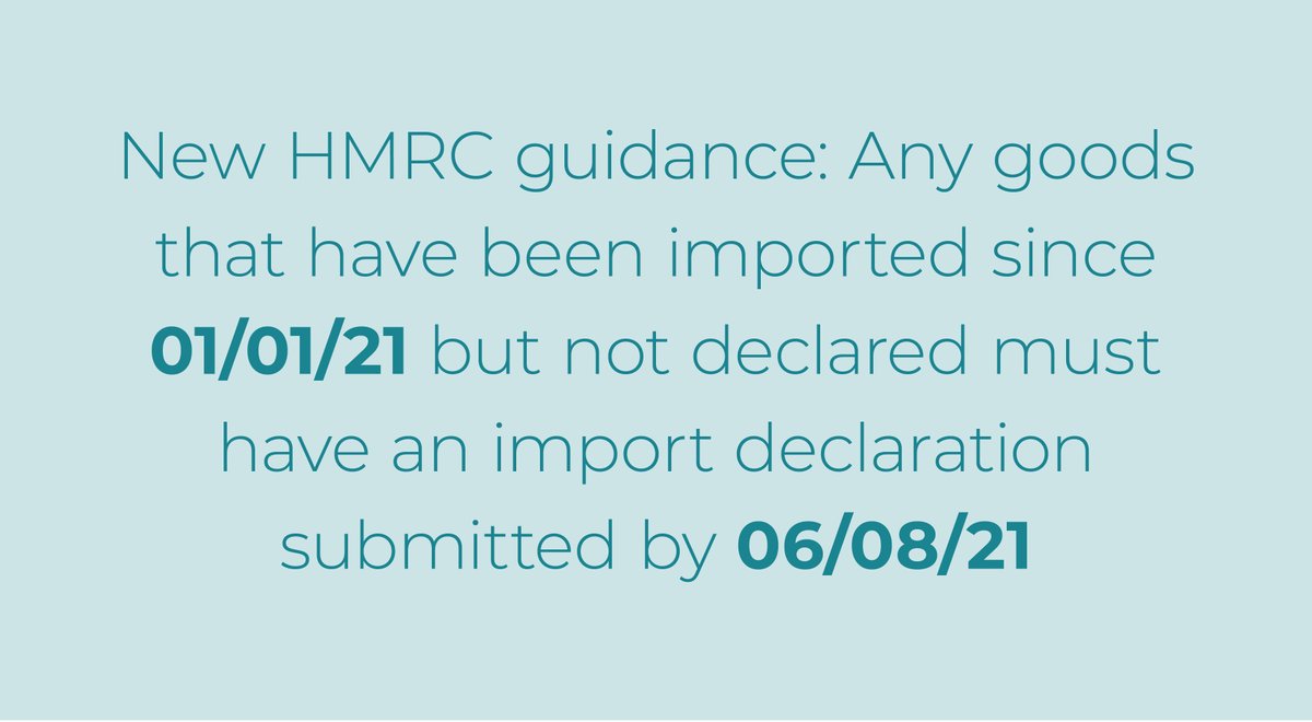 The deadline is approaching for all non-EIDR import clearances for EU goods.
EU goods which arrived on/after 1st January 2021 must be declared by FRIDAY 6th AUGUST.

Find full HMRC guidance and how we can help here: okt.to/QvhiXF