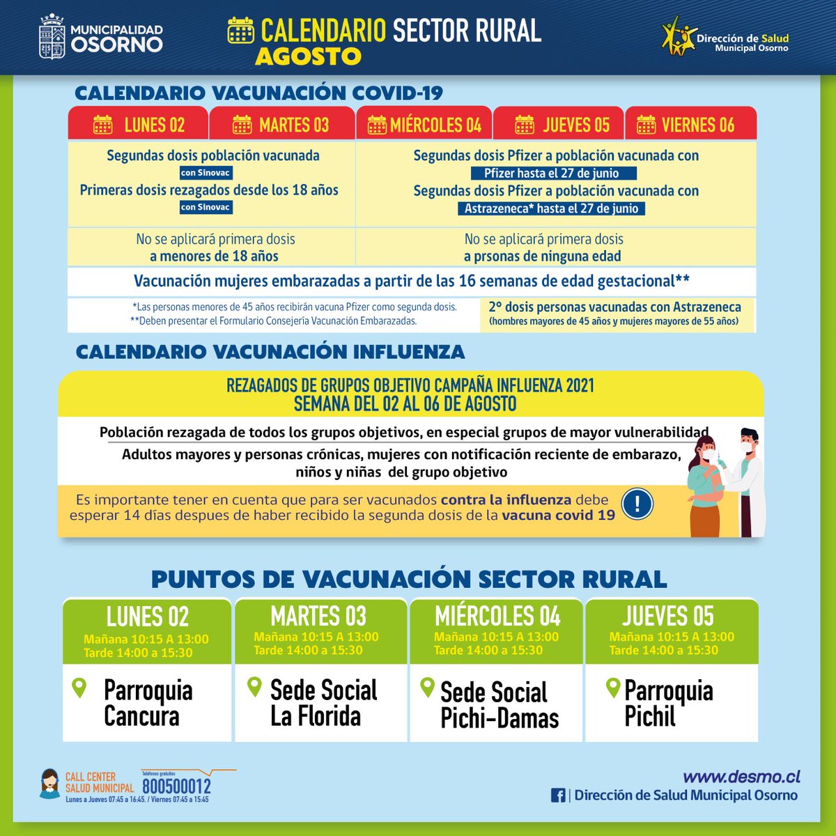 osornotvmas's tweet photo. Recuerda que este lunes 2 y martes 3 de agosto de 2021 es el turno de los rezagados mayores de 18 años para recibir la vacuna contra el Covid-19. Reviva los recintos de vacunación rural y en la ciudad aquí: https://t.co/4i88gKLVz5