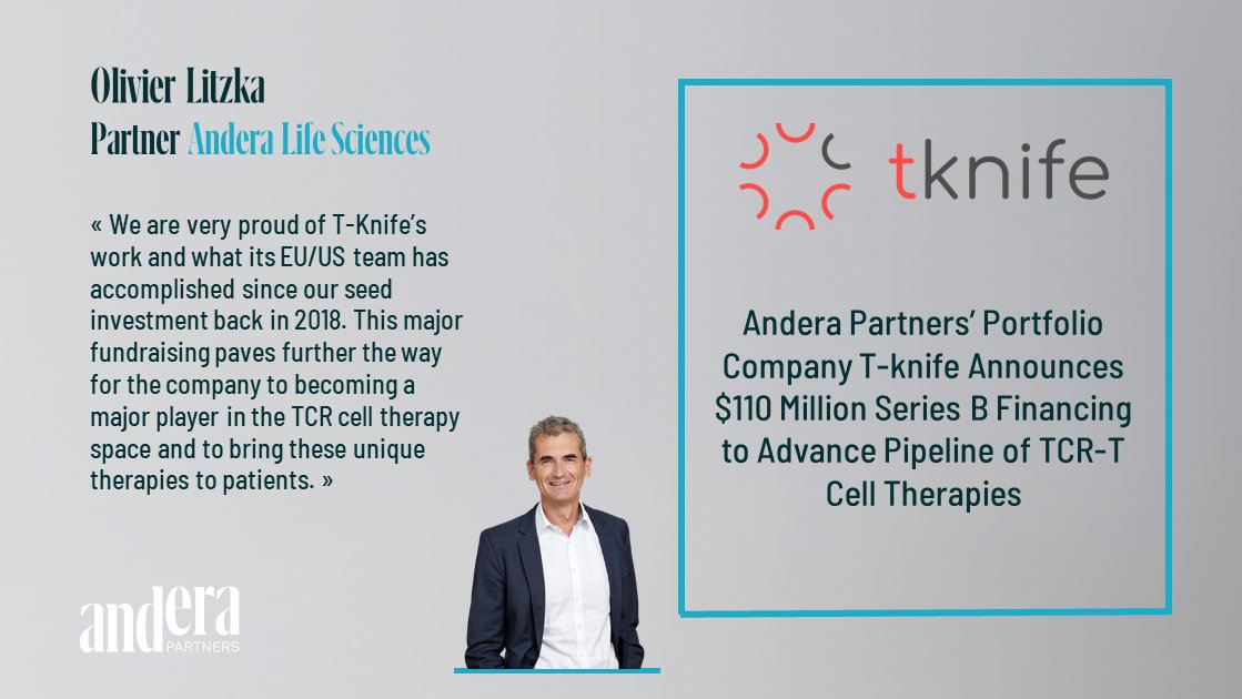 AnderaPartners's tweet photo. Our Life Sciences portfolio company T-knife Therapeutics announces $110 Million Series B Financing to Advance Pipeline of TCR-T Cell Therapies
  
#LifeSciences #seriescfinancing #celltherapies

https://t.co/uKzNj8br3V https://t.co/pjyJWJj3B7