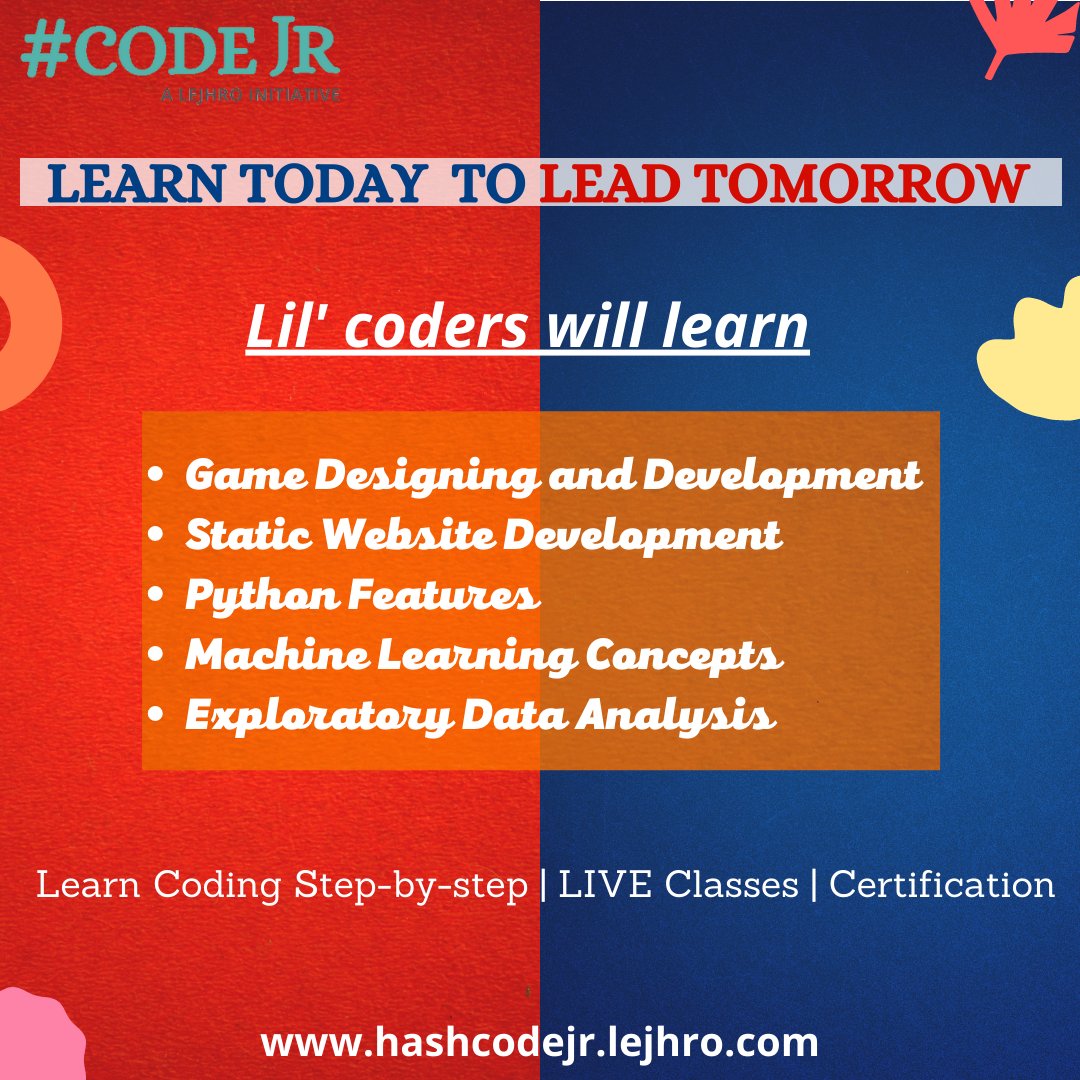 HashcodeJ's tweet image. &quot;YOUR KIDS CRAZY IDEAS CAN TURN INTO REALITY HERE&quot; THEY JUST NEED A GOOD MENTOR.
Join us, your kids will learn all about coding.

Visit us hashcodejr.lejhro.com
#Coding #learntocode #codingsforkids #Python #gamedev #MachineLearning #DataScience #webdev