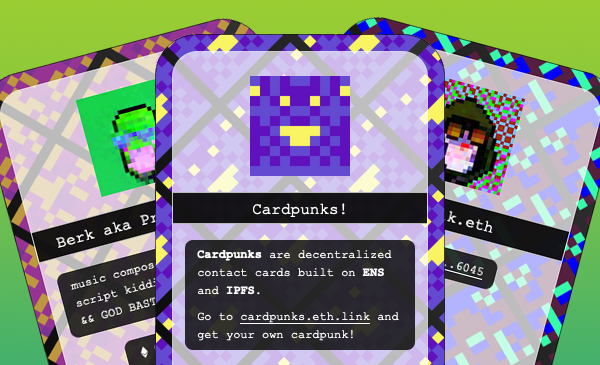 cardpunks's tweet photo. Introducing: Cardpunks!

https://t.co/diDkrXDyO7

Cardpunks are decentralized contact cards built on ENS and IPFS.

Create a card for your ENS domain and display your bio, links, POAPs, and your favorite NFT as your avatar! https://t.co/XXO3nLk0Ks
